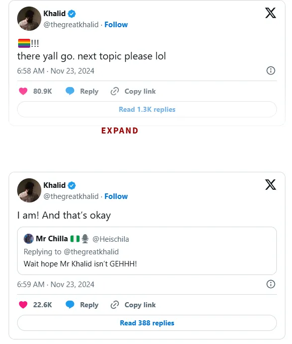 Evidence of Khalid publicly revealing his true gender divides fans, bending all prejudices