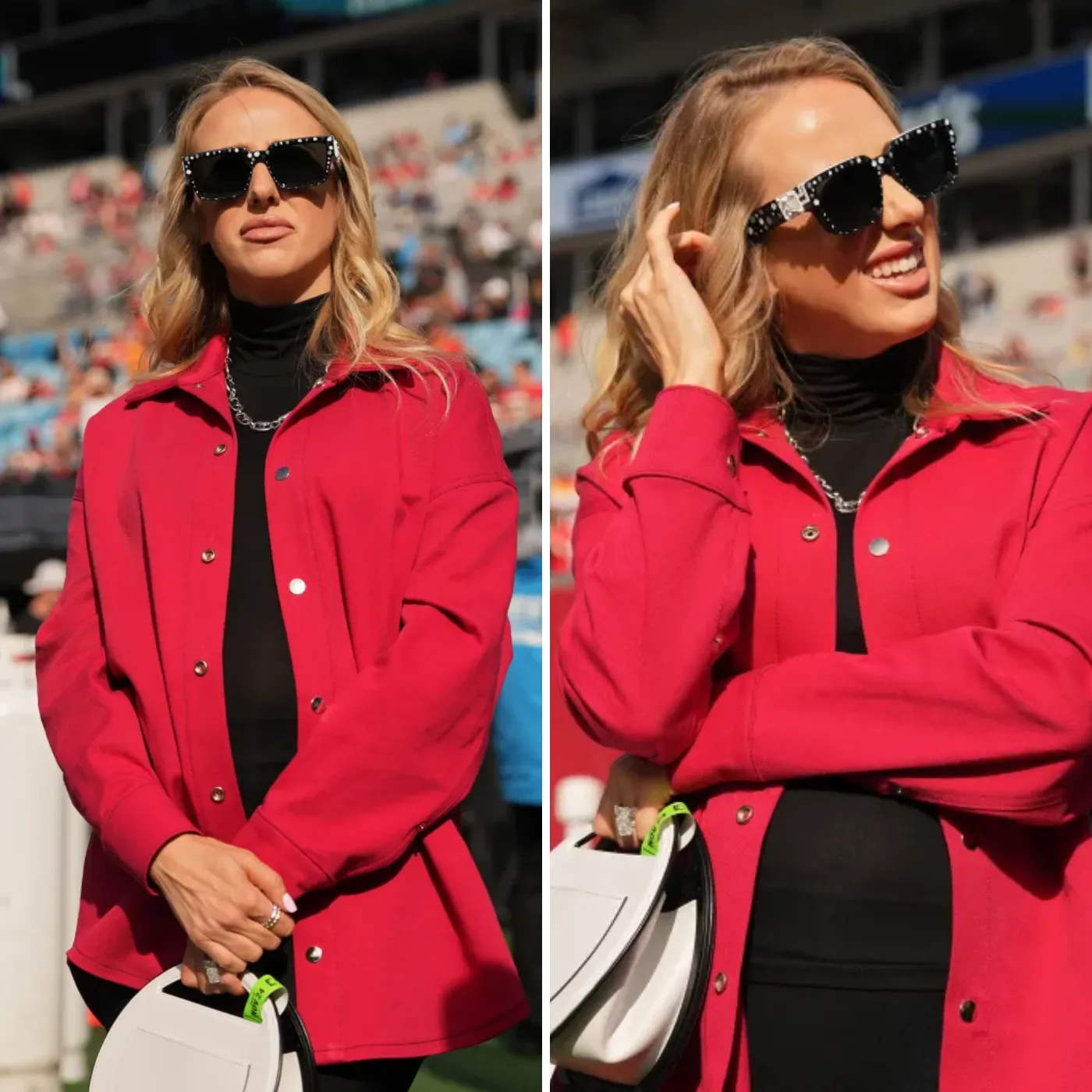 Brittany Mahomes Stuns in Custom Red Jacket and $4,550 Louis Vuitton Handbag at Chiefs Game