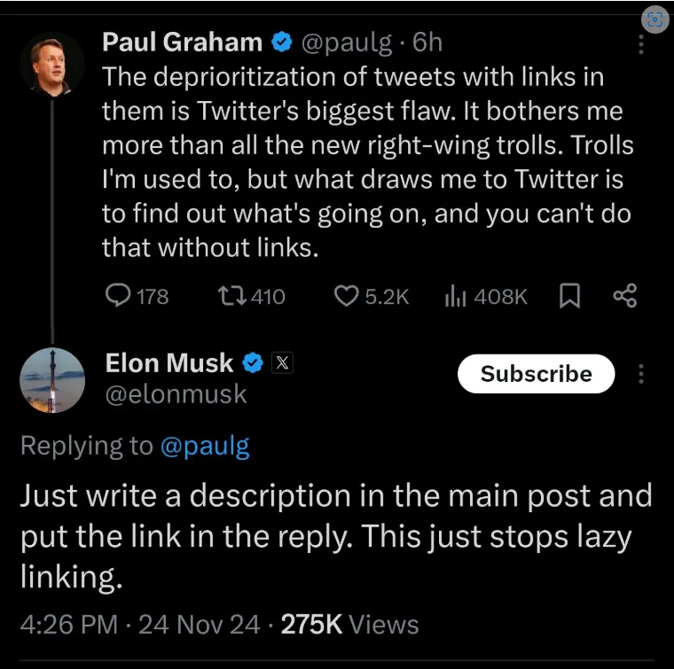Elon Musk criticized posting articles with links on social media