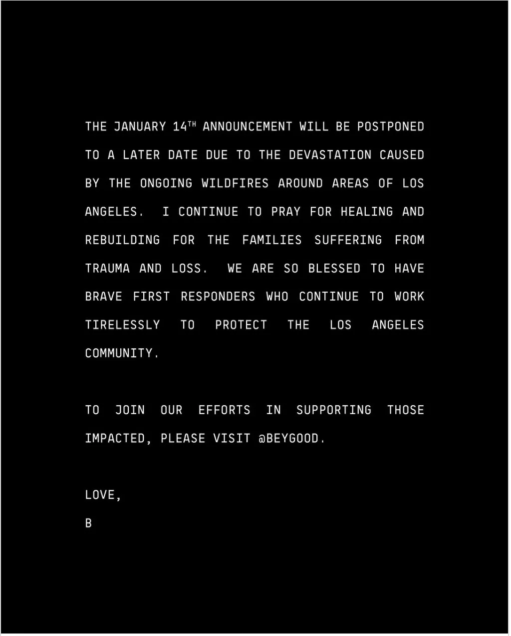 Beyoncé Delays Major Announcement Amid LA Wildfires, Donates $2.5M to Relief Efforts