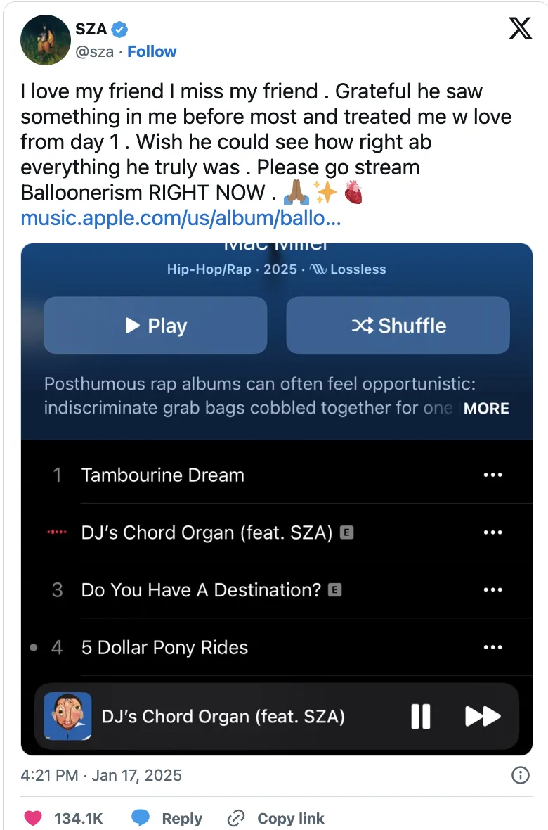 SZA’s Heartfelt Tribute to Mac Miller After the Release of ‘Balloonerism’: “I Miss My Friend”