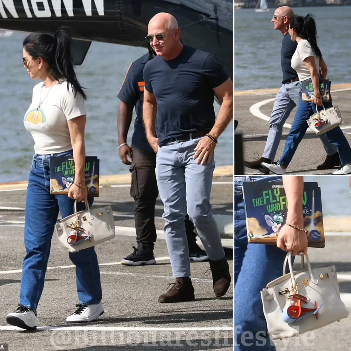 Jeff Bezos Cuts a Casual Figure While His Fiancée Lauren Sanchez Carries a £28,000 Hermes Handbag as the Pair Arrive by Helicopter in New York